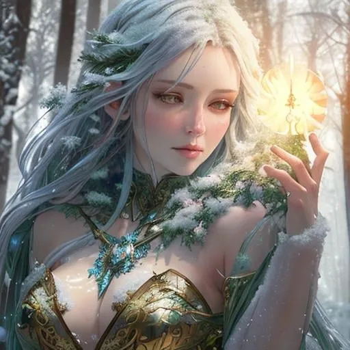 Prompt: dryads winter feminine great beauty and very beautiful physical features, just behind her a winter forest in full transition to spring, flowers growing snow melting volumetric soft lighting cold colors 8k resolution by Greg Rutkowski, Artgerm, Alphonse Mucha dynamic lighting hyperdetailed intricately detailed Splash art trending on Artstation Unreal Engine 5 volumetric lighting