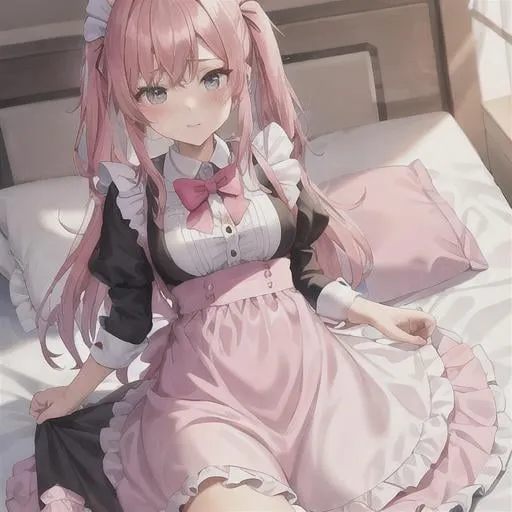 Prompt:  Girl wearing  a pink maid outfit 