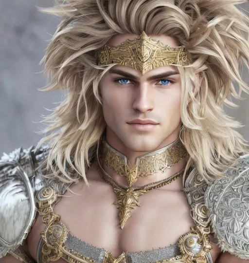 Prompt: male fantasy warrior, very handsome, medium musculature, dirty blonde, short wavy hair and short trimmed beard, full leather armor, very detailed eyes, UHD, 64K, sharp focus, studio photo, intricate details, highly detailed