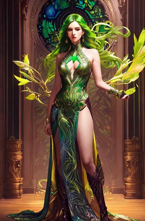 Prompt: Detailed eyes flawless eyes Gorgeous chartreuse greenest hair natural lime flair goddess, intricate, dramatic full body pose, magnificent, masterpiece, by minjae lee, by James jean, by WLOP, mucha, Waterhouse, by eve ventrue, by anna dittmann, by Alessio Albi, dynamic lighting, green, emeralds