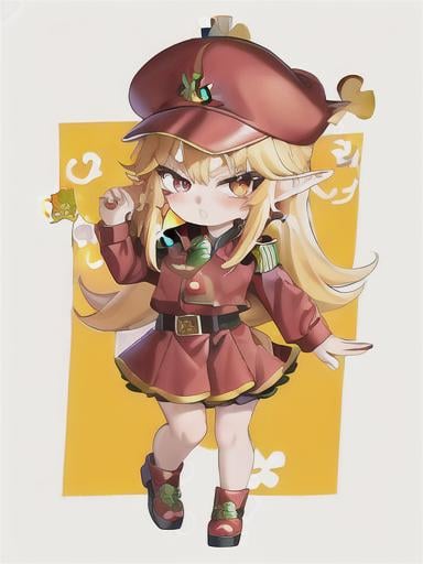 Prompt: chibi elf girl with a cute face, angry pouting, yellow hair, big red eyes, (wears a red Gavroche cap with a black visor, has a brooch on the left of the cap, 2 long white feathers come out of the brooch), the cap Gavroche has an embroidery on the front with a 4-leaf clover, waves her arms to the sides in frustration, she wears a red trench coat with a hood and a light brown or cream colored scarf, her hands are in fists, she is carrying a bag brown from which hangs a cream-colored wool doll similar to a ball, a white baggy shorts, 2 legs with brown shoes