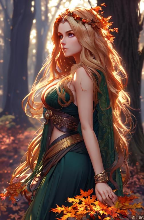 Prompt: dryads autumnal feminine great beauty and very beautiful physical features, just behind her oak surrounded by a thick autumnal forest volumetric soft lighting warm colors 8k resolution by Greg Rutkowski, Artgerm, Alphonse Mucha dynamic lighting hyperdetailed intricately detailed Splash art trending on Artstation Unreal Engine 5 volumetric lighting