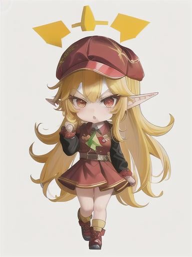 Prompt: chibi elf girl with a cute face, angry pouting, yellow hair, big red eyes, (wears a red Gavroche cap with a black visor, has a brooch on the left of the cap, 2 long white feathers come out of the brooch), the cap Gavroche has an embroidery on the front with a 4-leaf clover, waves her arms to the sides in frustration, she wears a red trench coat with a hood and a light brown or cream colored scarf, her hands are in fists, she is carrying a bag brown from which hangs a cream-colored wool doll similar to a ball, a white baggy shorts, 2 legs with brown shoes