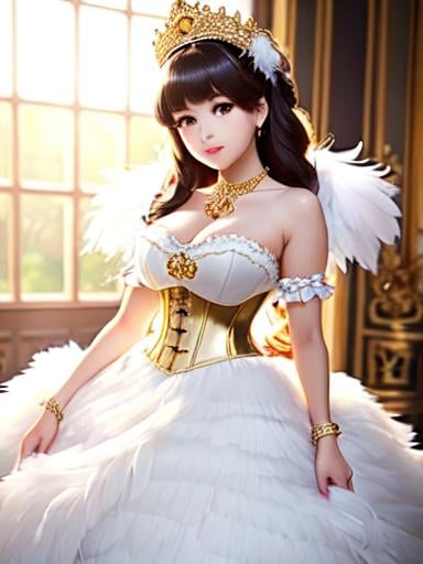 Prompt: Female Woman, Highly Detailed, Fluffy, Intricate Details, Beautiful Big Eyes, Maximum Cuteness, Lovely, Adorable, Beautiful, Flawless, Masterpiece, Soft Dramatic Moody Lighting, Radiant Love Aura,  Hypema Red Full Body, Hypermaximalist, Beautiful, Flawless, Masterpiece, wears an elegant white bell cut dress with golden decorations, with a corset and a boa of white feathers