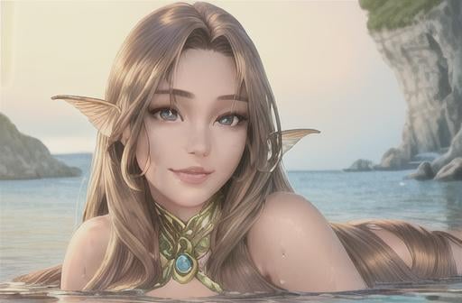 Prompt: realistic portrait of a mermaid half woman half fish tail longer than the torso, frolicking sitting on the rocks above the water, wet hair, perfect proportion,  Defined face, perfect eyes, beautiful face, well detailed and defined, defined, sensual lips with a beautiful smile, hair with a brown color gradient to gold balayage, 