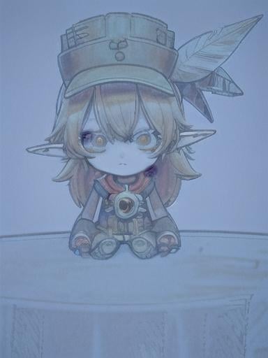 Prompt: chibi klee  elf girl with a tender face, sitting in front of a table, yellow hair, large contrasting eyes between brown and red, wears a red Gavroche Cap with a black visor that has a brooch on the left from which 2 long white feathers come out, the Cap Gavroche, in addition to the brooch, has an embroidery in the center of the front with a 4-leaf clover, his large eyes have anime-style flashes of light, his mouth is open and wobbly watching a delicious fish dish on the table while it drains from him a little drool, she wears a red raincoat with a hood and a light brown or cream scarf, her hands are in fists holding a fork in the left and a knife in the right while she raises her arms ready to eat, she is carrying a brown bag from which A cream-colored wool doll similar to a ball hangs, on the plate on the table is a delicious Japanese baked fish.