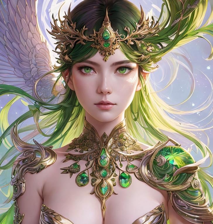 Prompt: Detailed eyes flawless eyes Gorgeous chartreuse greenest hair natural lime flair goddess, intricate, dramatic full body pose, magnificent, masterpiece, by minjae lee, by James jean, by WLOP, mucha, Waterhouse, by eve ventrue, by anna dittmann, by Alessio Albi, dynamic lighting, green, emeralds