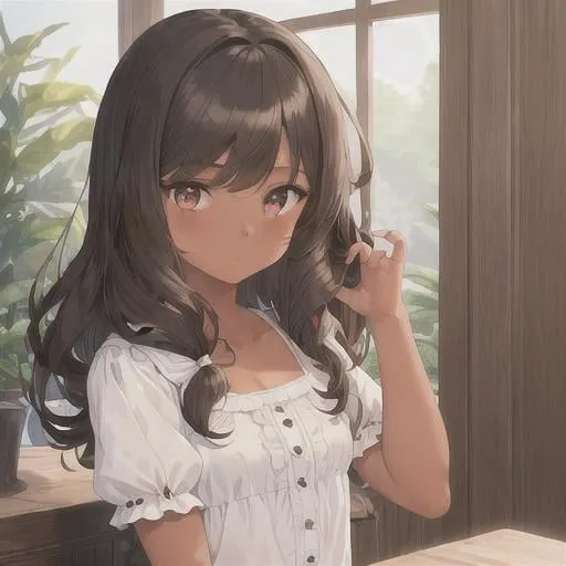 Prompt: (masterpiece, illustration, best quality:1.2), 1girl, solo, tanned skin, (petite body, white blouse, dark brown shorts:1.3), curly hair, stray hairs, fluffy bangs, playful demeanor, shorts, ruffles, foggy black eyes, dark brown hair, finely detailed, detailed face, toned face, beautiful detailed eyes, beautiful detailed shading, beautifully detailed background, rainstorm 