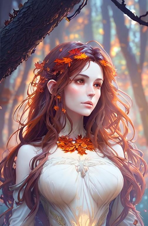 Prompt: dryads autumnal feminine great beauty and very beautiful physical features, just behind her oak surrounded by a thick autumnal forest volumetric soft lighting warm colors 8k resolution by Greg Rutkowski, Artgerm, Alphonse Mucha dynamic lighting hyperdetailed intricately detailed Splash art trending on Artstation Unreal Engine 5 volumetric lighting