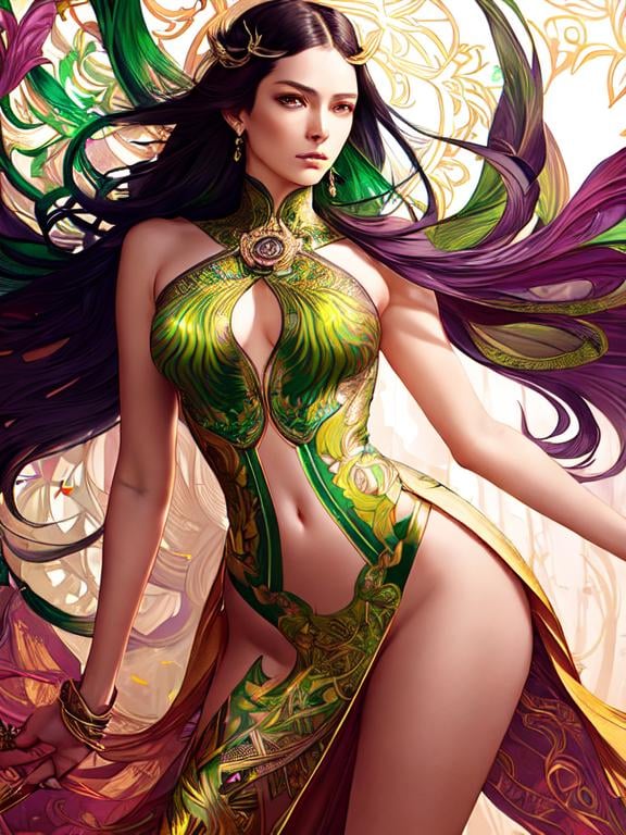 Prompt: Detailed eyes flawless eyes Gorgeous chartreuse greenest hair natural lime flair goddess, intricate, dramatic full body pose, magnificent, masterpiece, by minjae lee, by James jean, by WLOP, mucha, Waterhouse, by eve ventrue, by anna dittmann, by Alessio Albi, dynamic lighting, green, emeralds