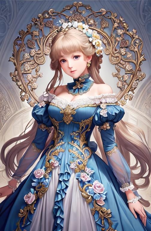 Prompt: The artwork is also infused with elements of various art movements, such as Rococo, Baroque, and Art Nouveau. The girl's gown features intricate patterns and ornate embellishments that are reminiscent of Rococo and Baroque styles, while the flowers and garden elements incorporate the flowing lines and organic shapes of Art Nouveau. 