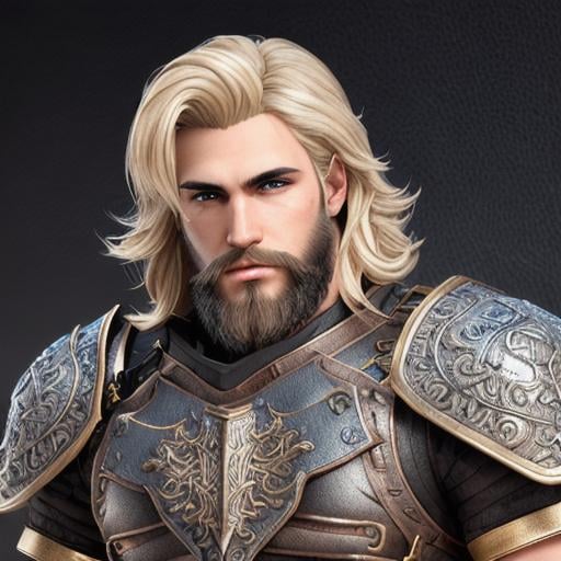 Prompt: male fantasy warrior, very handsome, medium musculature, dirty blonde, short wavy hair and short trimmed beard, full leather armor, very detailed eyes, UHD, 64K, sharp focus, studio photo, intricate details, highly detailed