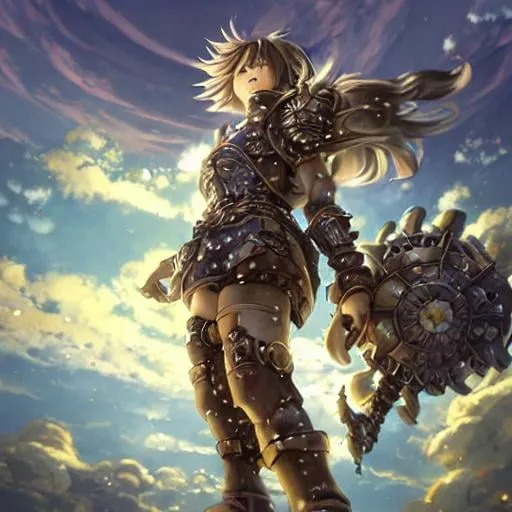 Prompt: fantastic ultra-detailed iron and leather warrior and floating castle heavenly sunshine beams divine bright soft focus holy in the clouds ethereal fantasy hyperdetailed mist Thomas Kinkade Studio Ghibli Anime Key Visual by Makoto Shinkai Deep Color Intricate Natural Lighting Beautiful Composition Epic brilliant stunning meticulously detailed dramatic atmospheric maximalist by artist Tamako Nakamura Anime Key Visual Japanese Manga Pixiv Zerochan Anime art Fantia