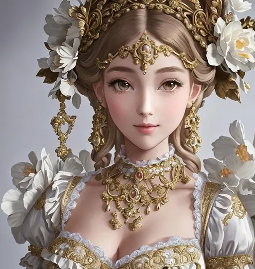 Prompt: The artwork is also infused with elements of various art movements, such as Rococo, Baroque, and Art Nouveau. The girl's gown features intricate patterns and ornate embellishments that are reminiscent of Rococo and Baroque styles, while the flowers and garden elements incorporate the flowing lines and organic shapes of Art Nouveau. 