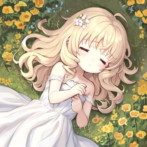 Prompt: A_little_girl_lying_in_a_lot_of_flowers.
She_is_sleeping_on_her_side.
(1_girl_(5_years_old))_blond_hair_natural_curly_hair_side_parting_flower_hair_ornament_lace_white_dress_closed_eyes_have_long_eyelashes_profile)_light_blue_butterfly_(transparent_luminous)_different_world_letters_pastel_colors_fantasy_world_Art_Nouveau_Alphonse_Mucha