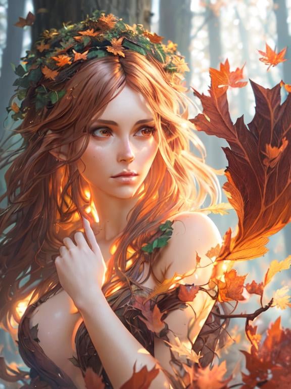 Prompt: dryads autumnal feminine great beauty and very beautiful physical features, just behind her oak surrounded by a thick autumnal forest volumetric soft lighting warm colors 8k resolution by Greg Rutkowski, Artgerm, Alphonse Mucha dynamic lighting hyperdetailed intricately detailed Splash art trending on Artstation Unreal Engine 5 volumetric lighting