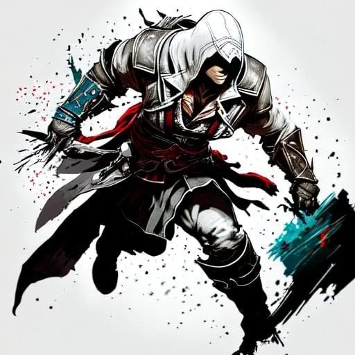 Prompt: Assassin's Creed detailed hyperpixelated drawing dynamic batle action, in the style of artists like Octavi Navarro Pixels Huh Mazeon splatter drippings, paper texturepixel, and perfect pixel shading with dramatic lighting. The artwork should be centered, stylized rendered in 8bit resolution for high-quality pixel detail, artstation, illustration, soft natural volumetric light, intricate artwork masterpiece
