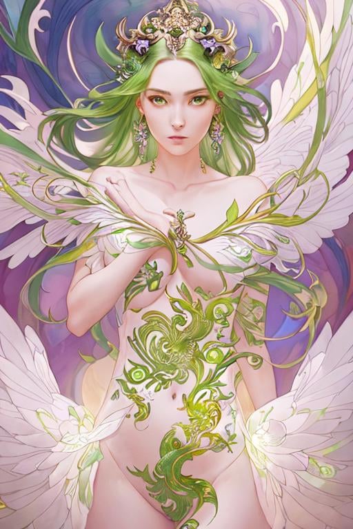 Prompt: Detailed eyes flawless eyes Gorgeous chartreuse greenest hair natural lime flair goddess, intricate, dramatic full body pose, magnificent, masterpiece, by minjae lee, by James jean, by WLOP, mucha, Waterhouse, by eve ventrue, by anna dittmann, by Alessio Albi, dynamic lighting, green, emeralds