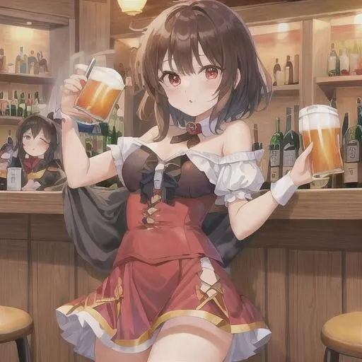 Prompt: ((masterpiece)), ((ultra-quality)), ((illustration)),3 girl, short hair 
Megumin, Yunyun y Cecily (cel anime:1.4), 
Drinking beer,Drunk,bar