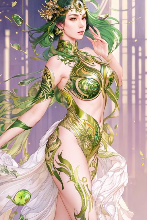 Prompt: Detailed eyes flawless eyes Gorgeous chartreuse greenest hair natural lime flair goddess, intricate, dramatic full body pose, magnificent, masterpiece, by minjae lee, by James jean, by WLOP, mucha, Waterhouse, by eve ventrue, by anna dittmann, by Alessio Albi, dynamic lighting, green, emeralds