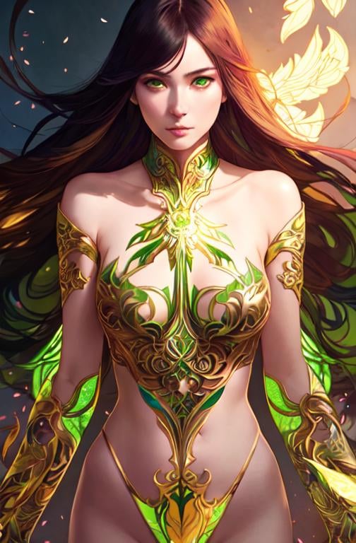 Prompt: Detailed eyes flawless eyes Gorgeous chartreuse greenest hair natural lime flair goddess, intricate, dramatic full body pose, magnificent, masterpiece, by minjae lee, by James jean, by WLOP, mucha, Waterhouse, by eve ventrue, by anna dittmann, by Alessio Albi, dynamic lighting, green, emeralds