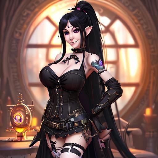 Prompt: full body portrait of an anime night elf, cinematic shot, ultra detailed, realistic, cute smiling anime woman, long dark black hair ponytail, goth steam punk, piercings, UHD, HDR10, 16K, (Masterpiece:1. 5) , Absurdres