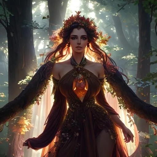 Prompt: dryads autumnal feminine great beauty and very beautiful physical features, just behind her oak surrounded by a thick autumnal forest volumetric soft lighting warm colors 8k resolution by Greg Rutkowski, Artgerm, Alphonse Mucha dynamic lighting hyperdetailed intricately detailed Splash art trending on Artstation Unreal Engine 5 volumetric lighting