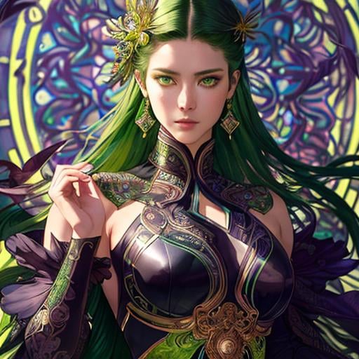 Prompt: Detailed eyes flawless eyes Gorgeous chartreuse greenest hair natural lime flair goddess, intricate, dramatic full body pose, magnificent, masterpiece, by minjae lee, by James jean, by WLOP, mucha, Waterhouse, by eve ventrue, by anna dittmann, by Alessio Albi, dynamic lighting, green, emeralds