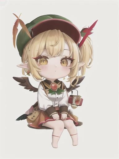 Prompt: chibi elf girl with a tender face, sitting in front of a table, yellow hair, large contrasting eyes between brown and red, wears a red Gavroche Cap with a black visor that has a brooch on the left from which 2 long white feathers come out, the Cap Gavroche, in addition to the brooch, has an embroidery in the center of the front with a 4-leaf clover, his large eyes have anime-style flashes of light, his mouth is open and wobbly watching a delicious fish dish on the table while it drains from him a little drool, she wears a red raincoat with a hood and a light brown or cream scarf, her hands are in fists holding a fork in the left and a knife in the right while she raises her arms ready to eat, she is carrying a brown bag from which A cream-colored wool doll similar to a ball hangs, on the plate on the table is a delicious Japanese baked fish. vibrant colors.