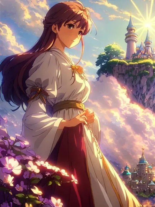 Prompt: warriors rpg game and floating castle heavenly sunshine beams divine bright soft focus holy in the clouds ethereal fantasy hyperdetailed mist Thomas Kinkade Studio Ghibli Anime Key Visual by Makoto Shinkai Deep Color Intricate Natural Lighting Beautiful Composition Epic brilliant stunning meticulously detailed dramatic atmospheric maximalist by artist Tamako Nakamura Anime Key Visual Japanese Manga Pixiv Zerochan Anime art Fantia