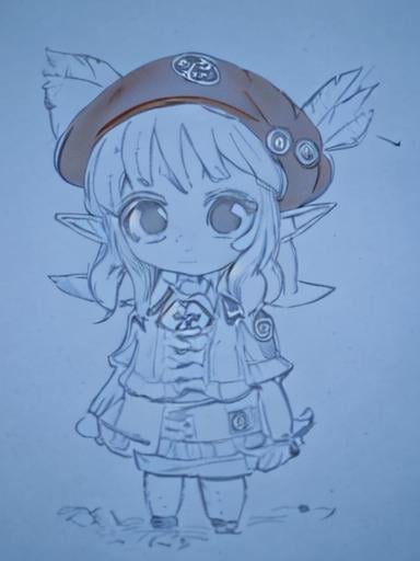 Prompt: chibi elf girl with a tender face, big eyes with a contrast between brown and red, wears a red Gavroche Cap with a black visor that has a brooch on the left of which 2 long white feathers come out, the Gavroche Cap, in addition to the brooch, has an embroidery on the left center front with a 4-leaf clover, her big eyes have anime-style flashes of light, her mouth is open and wobbly looking at a delicious fish dish on the table while a little drool drips from her, she wears a red trench coat with a hood and a light brown or cream scarf, her hands are in fists holding a fork on the left and a knife on the right while she raises her arms ready to eat, she is carrying a brown bag from which hangs a cream-colored wool doll similar to a ball, on the plate on the table is a delicious Japanese baked fish.