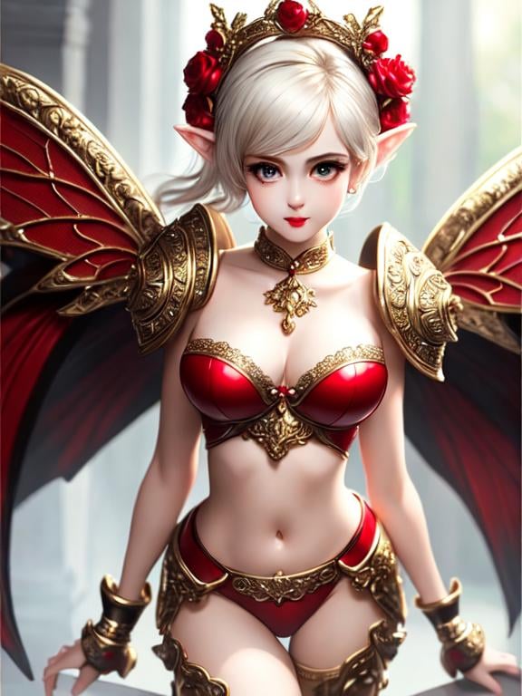 Prompt: Full-body detailed masterpiece, cute femenine woman pixie, red gloss beautiful lips, oval face,  high-res, quality upscaled image, perfect composition, highly detailed, intricate details, beautiful big eyes, maximum cuteness, lovely, adorable, beautiful, flawless, masterpiece, soft dramatic moody lighting, ultra high quality octane, hypermaximalist. armor