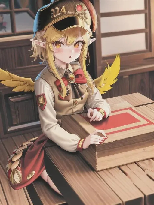 Prompt: chibi elf girl with a tender face, sitting in front of a table, yellow hair, large contrasting eyes between brown and red, wears a red Gavroche Cap with a black visor that has a brooch on the left from which 2 long white feathers come out, the Cap Gavroche, in addition to the brooch, has an embroidery in the center of the front with a 4-leaf clover, his large eyes have anime-style flashes of light, his mouth is open and wobbly watching a delicious fish dish on the table while it drains from him a little drool, she wears a red raincoat with a hood and a light brown or cream scarf, her hands are in fists holding a fork in the left and a knife in the right while she raises her arms ready to eat, she is carrying a brown bag from which A cream-colored wool doll similar to a ball hangs, on the plate on the table is a delicious Japanese baked fish. vibrant colors.