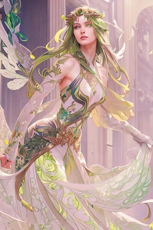 Prompt: Detailed eyes flawless eyes Gorgeous chartreuse greenest hair natural lime flair goddess, intricate, dramatic full body pose, magnificent, masterpiece, by minjae lee, by James jean, by WLOP, mucha, Waterhouse, by eve ventrue, by anna dittmann, by Alessio Albi, dynamic lighting, green, emeralds