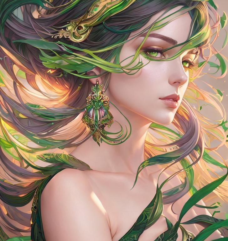 Prompt: Detailed eyes flawless eyes Gorgeous chartreuse greenest hair natural lime flair goddess, intricate, dramatic full body pose, magnificent, masterpiece, by minjae lee, by James jean, by WLOP, mucha, Waterhouse, by eve ventrue, by anna dittmann, by Alessio Albi, dynamic lighting, green, emeralds