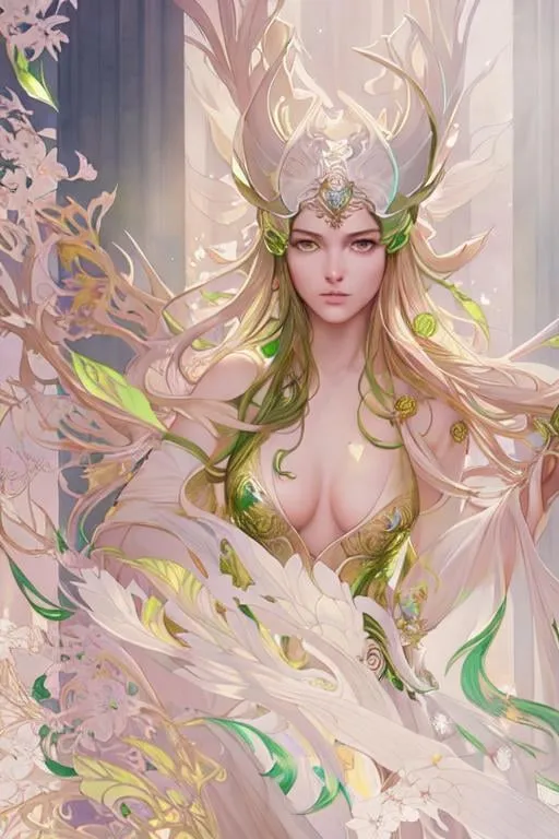 Prompt: Detailed eyes flawless eyes Gorgeous chartreuse greenest hair natural lime flair goddess, intricate, dramatic full body pose, magnificent, masterpiece, by minjae lee, by James jean, by WLOP, mucha, Waterhouse, by eve ventrue, by anna dittmann, by Alessio Albi, dynamic lighting, green, emeralds