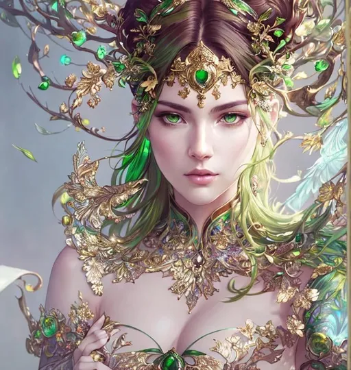 Prompt: Detailed eyes flawless eyes Gorgeous chartreuse greenest hair natural lime flair goddess, intricate, dramatic full body pose, magnificent, masterpiece, by minjae lee, by James jean, by WLOP, mucha, Waterhouse, by eve ventrue, by anna dittmann, by Alessio Albi, dynamic lighting, green, emeralds