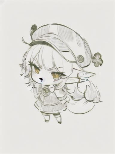 Prompt: chibi elf girl with a cute face, angry pouting, yellow hair, big red eyes, (wears a red Gavroche cap with a black visor, has a brooch on the left of the cap, 2 long white feathers come out of the brooch), the cap Gavroche has an embroidery on the front with a 4-leaf clover, waves her arms to the sides in frustration, she wears a red trench coat with a hood and a light brown or cream colored scarf, her hands are in fists, she is carrying a bag brown from which hangs a cream-colored wool doll similar to a ball, a white baggy shorts, 2 legs with brown shoes