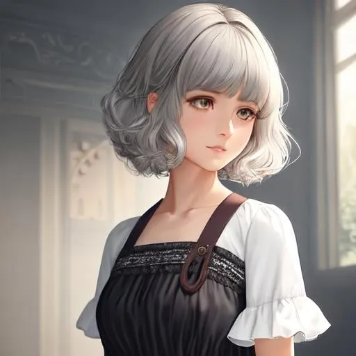 Prompt: (masterpiece, full body, illustration, best quality:1.2), 1girl, solo, (petite body, white blouse, dark brown shorts:1.3), intricate hair, stray hairs, bangs, playful demeanor, shorts, ruffles, foggy grey eyes, white hair, finely detailed, detailed face, toned face, beautiful detailed eyes, beautiful detailed shading, beautifully detailed background, rainstorm 