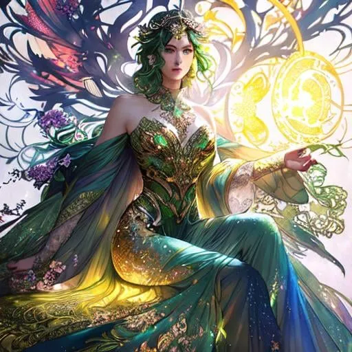 Prompt: Detailed eyes flawless eyes Gorgeous chartreuse greenest hair natural lime flair goddess, intricate, dramatic full body pose, magnificent, masterpiece, by minjae lee, by James jean, by WLOP, mucha, Waterhouse, by eve ventrue, by anna dittmann, by Alessio Albi, dynamic lighting, green, emeralds