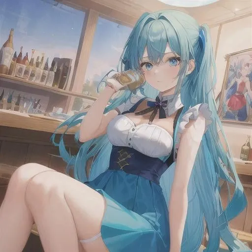 Prompt: ((masterpiece)), ((ultra-quality)), ((illustration)),1 girl, long hair aqua, ((aqua's maid outfit)), blue hair, short blue dress with red tulle miniskirt, ((blue eyes)), cry eyes, (cel anime:1.4), 
Drinking beer,Drunk,bar