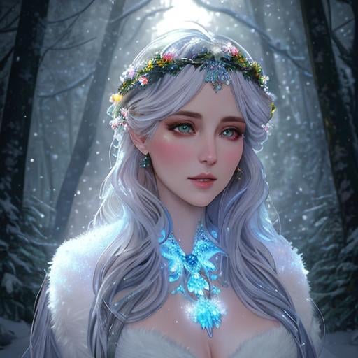 Prompt: dryads winter feminine great beauty and very beautiful physical features, just behind her a winter forest in full transition to spring, flowers growing snow melting volumetric soft lighting cold colors 8k resolution by Greg Rutkowski, Artgerm, Alphonse Mucha dynamic lighting hyperdetailed intricately detailed Splash art trending on Artstation Unreal Engine 5 volumetric lighting