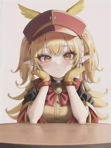 Prompt: chibi elf girl with a tender face, sitting in front of a table, yellow hair, large contrasting eyes between brown and red, wears a red Gavroche Cap with a black visor that has a brooch on the left from which 2 long white feathers come out, the Cap Gavroche, in addition to the brooch, has an embroidery in the center of the front with a 4-leaf clover, his large eyes have anime-style flashes of light, his mouth is open and wobbly watching a delicious fish dish on the table while it drains from him a little drool, she wears a red raincoat with a hood and a light brown or cream scarf, her hands are in fists holding a fork in the left and a knife in the right while she raises her arms ready to eat, she is carrying a brown bag from which A cream-colored wool doll similar to a ball hangs, on the plate on the table is a delicious Japanese baked fish. vibrant colors.