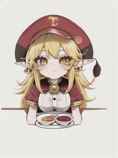 Prompt: chibi elf girl with a tender face, sitting in front of a table, yellow hair, large contrasting eyes between brown and red, wears a red Gavroche Cap with a black visor that has a brooch on the left from which 2 long white feathers come out, the Cap Gavroche, in addition to the brooch, has an embroidery in the center of the front with a 4-leaf clover, his large eyes have anime-style flashes of light, his mouth is open and wobbly watching a delicious fish dish on the table while it drains from him a little drool, she wears a red raincoat with a hood and a light brown or cream scarf, her hands are in fists holding a fork in the left and a knife in the right while she raises her arms ready to eat, she is carrying a brown bag from which A cream-colored wool doll similar to a ball hangs, on the plate on the table is a delicious Japanese baked fish. vibrant colors.