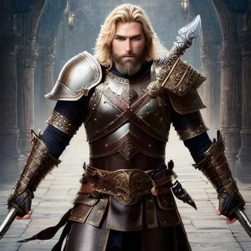 Prompt: male fantasy warrior, very handsome, medium musculature, dirty blonde, short wavy hair and short trimmed beard, full leather armor, very detailed eyes, UHD, 64K, sharp focus, studio photo, intricate details, highly detailed