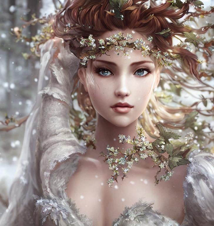 Prompt: dryads winter feminine great beauty and very beautiful physical features, just behind her a winter forest in full transition to spring, flowers growing snow melting volumetric soft lighting cold colors 8k resolution by Greg Rutkowski, Artgerm, Alphonse Mucha dynamic lighting hyperdetailed intricately detailed Splash art trending on Artstation Unreal Engine 5 volumetric lighting