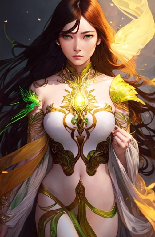 Prompt: Detailed eyes flawless eyes Gorgeous chartreuse greenest hair natural lime flair goddess, intricate, dramatic full body pose, magnificent, masterpiece, by minjae lee, by James jean, by WLOP, mucha, Waterhouse, by eve ventrue, by anna dittmann, by Alessio Albi, dynamic lighting, green, emeralds