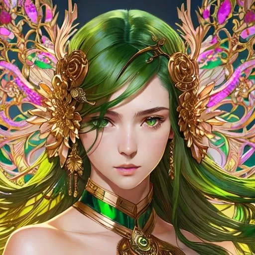 Prompt: Detailed eyes flawless eyes Gorgeous chartreuse greenest hair natural lime flair goddess, intricate, dramatic full body pose, magnificent, masterpiece, by minjae lee, by James jean, by WLOP, mucha, Waterhouse, by eve ventrue, by anna dittmann, by Alessio Albi, dynamic lighting, green, emeralds