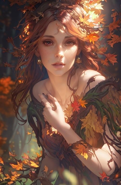 Prompt: dryads autumnal feminine great beauty and very beautiful physical features, just behind her oak surrounded by a thick autumnal forest volumetric soft lighting warm colors 8k resolution by Greg Rutkowski, Artgerm, Alphonse Mucha dynamic lighting hyperdetailed intricately detailed Splash art trending on Artstation Unreal Engine 5 volumetric lighting