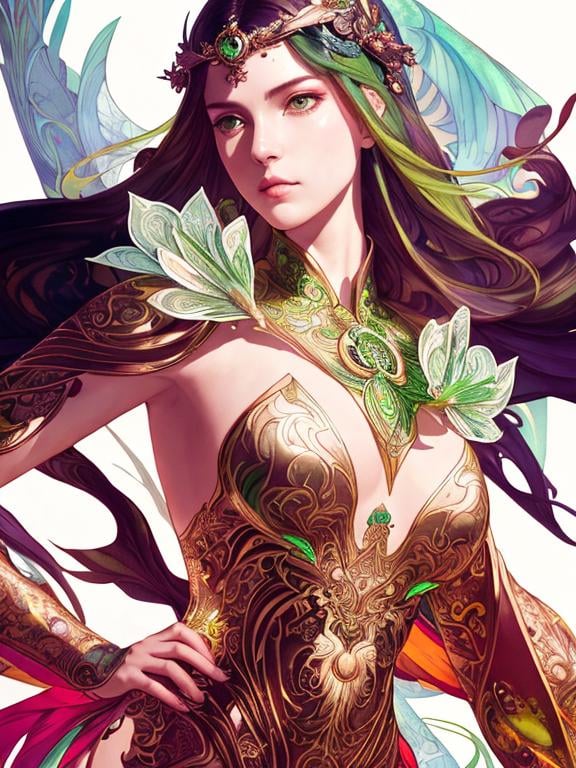 Prompt: Detailed eyes flawless eyes Gorgeous chartreuse greenest hair natural lime flair goddess, intricate, dramatic full body pose, magnificent, masterpiece, by minjae lee, by James jean, by WLOP, mucha, Waterhouse, by eve ventrue, by anna dittmann, by Alessio Albi, dynamic lighting, green, emeralds